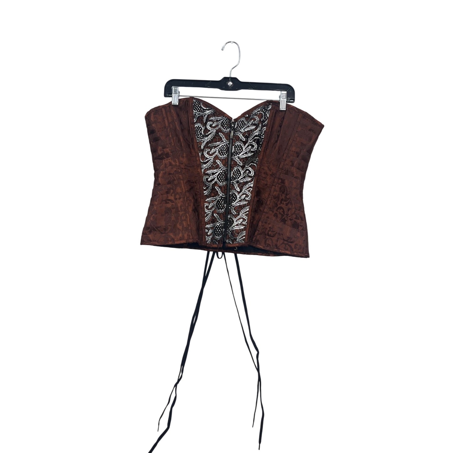 Steampunk Gothic Brown Jacquard Corset With Lace-Up Back & Front Zip Closure XXL #181A