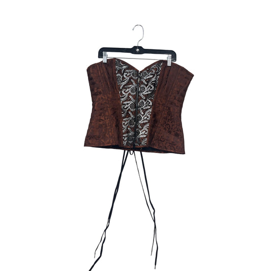 Steampunk Gothic Brown Jacquard Corset With Lace-Up Back & Front Zip Closure XXL #181A