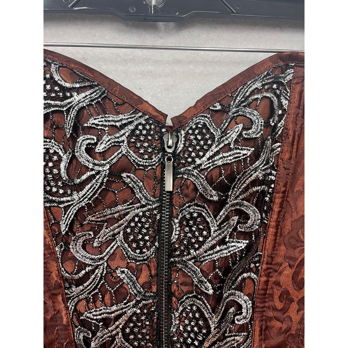 Steampunk Gothic Brown Jacquard Corset With Lace-Up Back & Front Zip Closure XXL #181A
