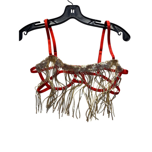 Red Strappy Fringe Bra With Gold Sequin Detailing & Adjustable Straps #7175