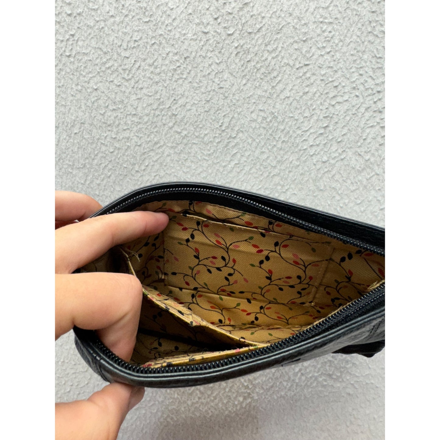 Mancini Black Leather Wristlet Clutch Purse With Floral Lining #9B