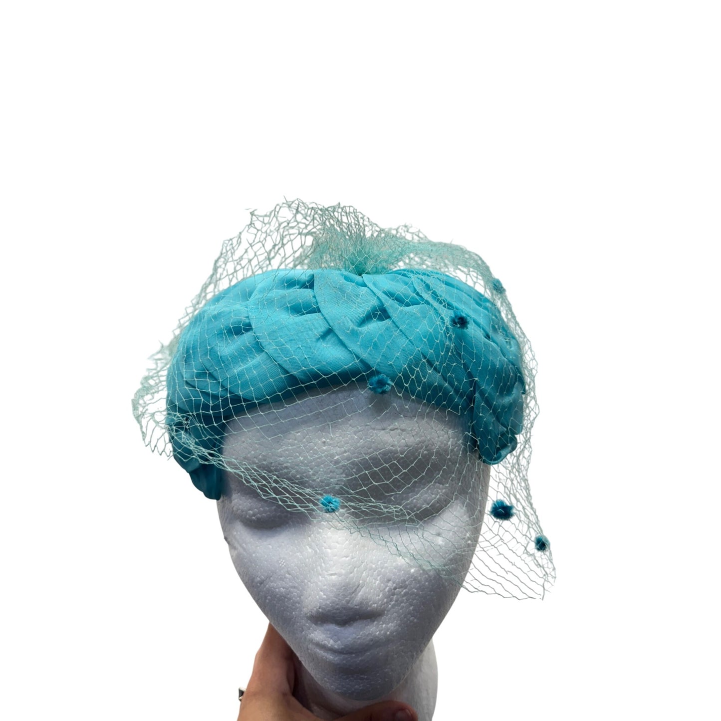 Vintage Turquoise Pillbox Hat With Veil & Floral Accents #9745