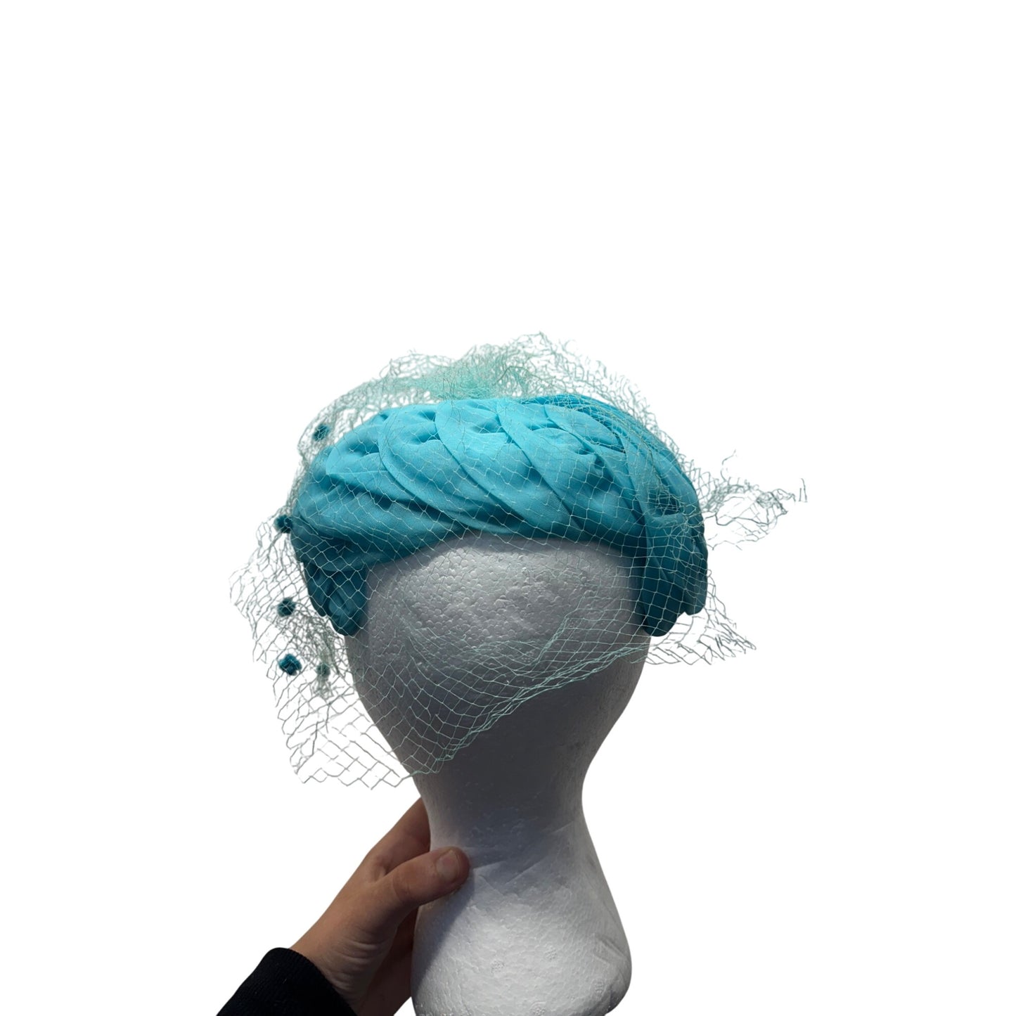 Vintage Turquoise Pillbox Hat With Veil & Floral Accents #9745