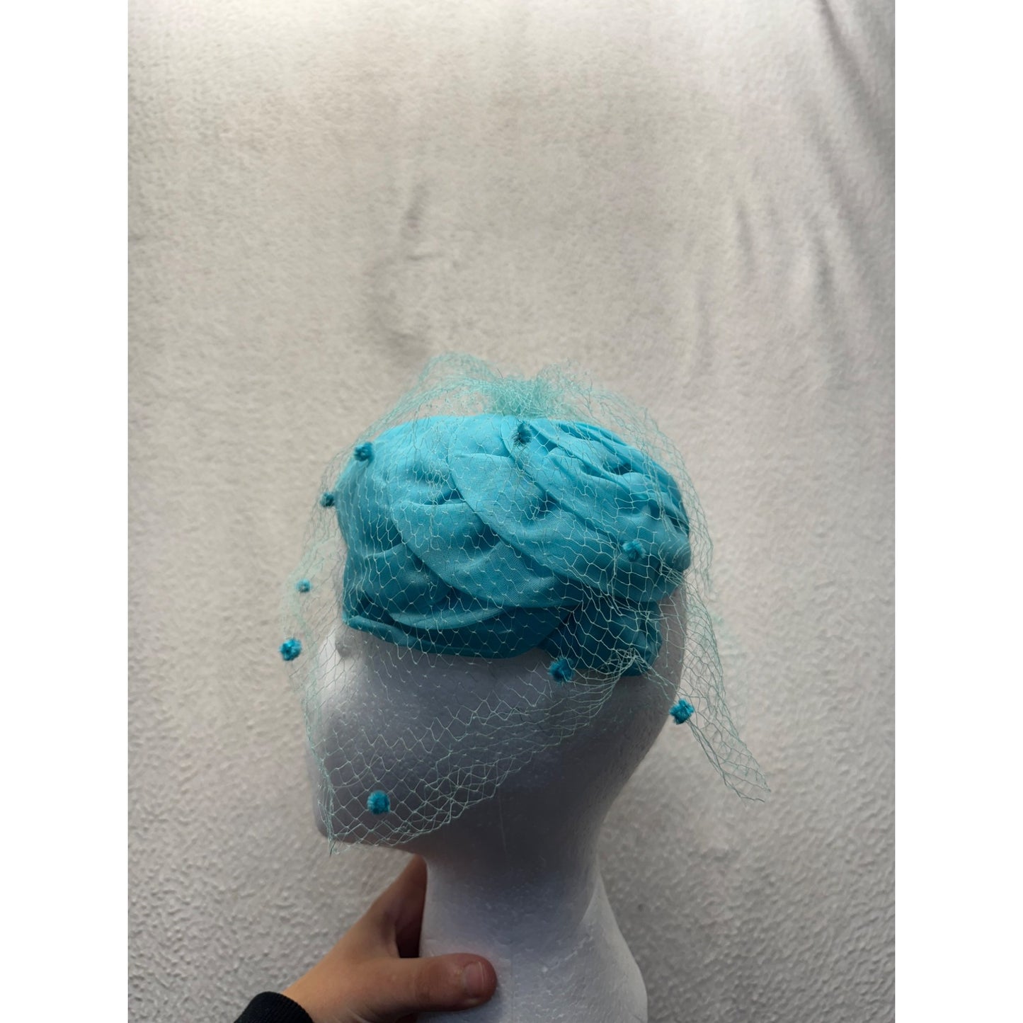 Vintage Turquoise Pillbox Hat With Veil & Floral Accents #9745