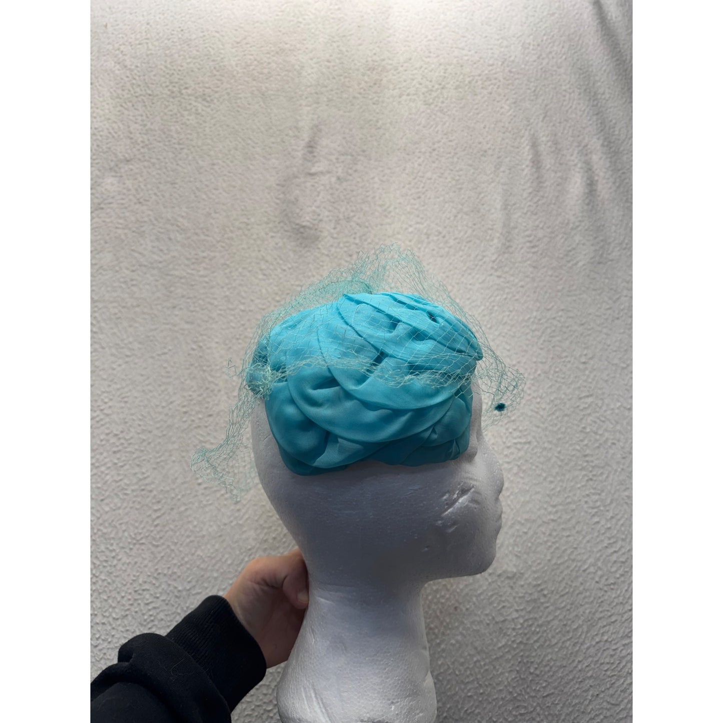 Vintage Turquoise Pillbox Hat With Veil & Floral Accents #9745