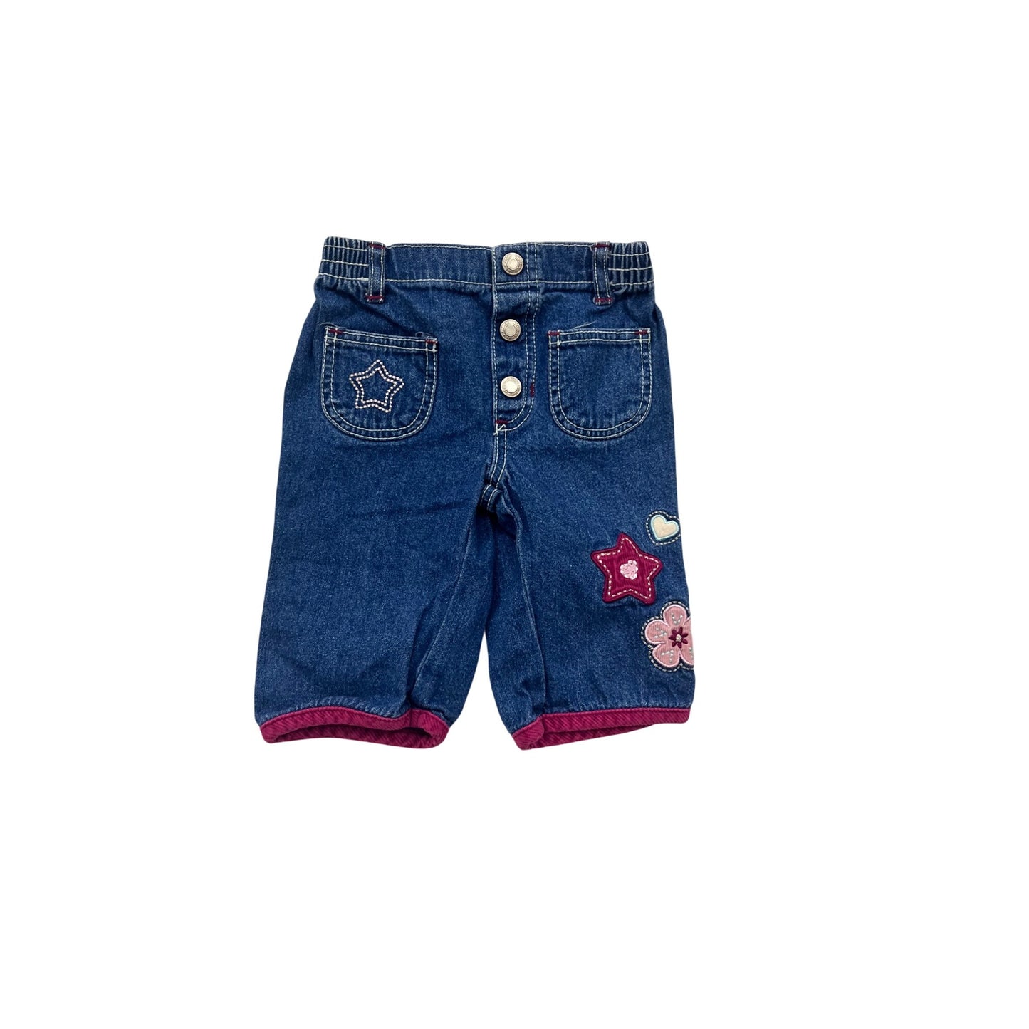 Baby Faded Glory Denim Pants 0/3M With Star & Floral Embroidery #8613