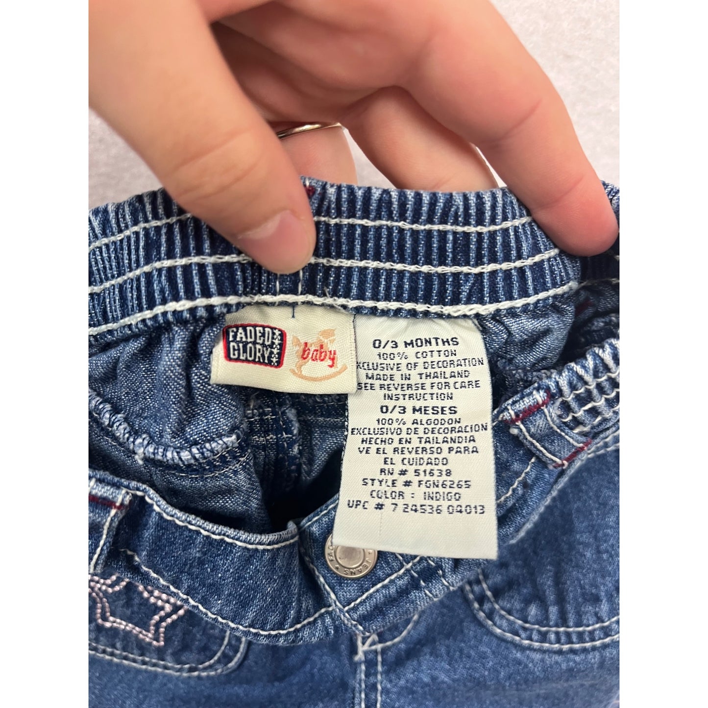 Baby Faded Glory Denim Pants 0/3M With Star & Floral Embroidery #8613