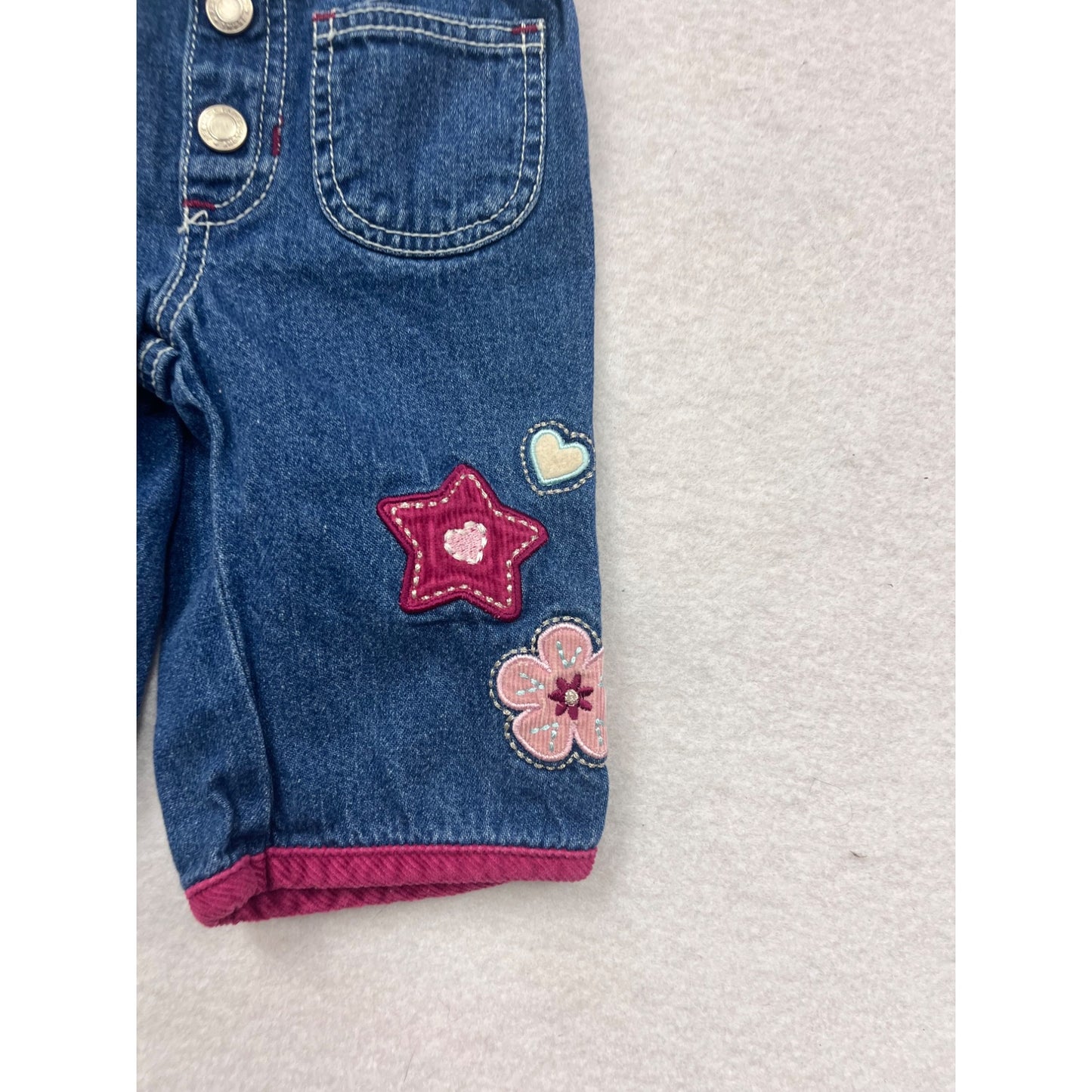 Baby Faded Glory Denim Pants 0/3M With Star & Floral Embroidery #8613