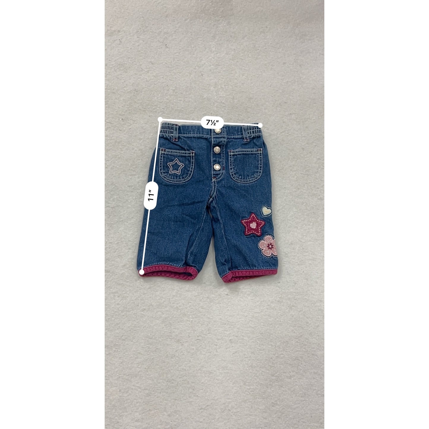 Baby Faded Glory Denim Pants 0/3M With Star & Floral Embroidery #8613