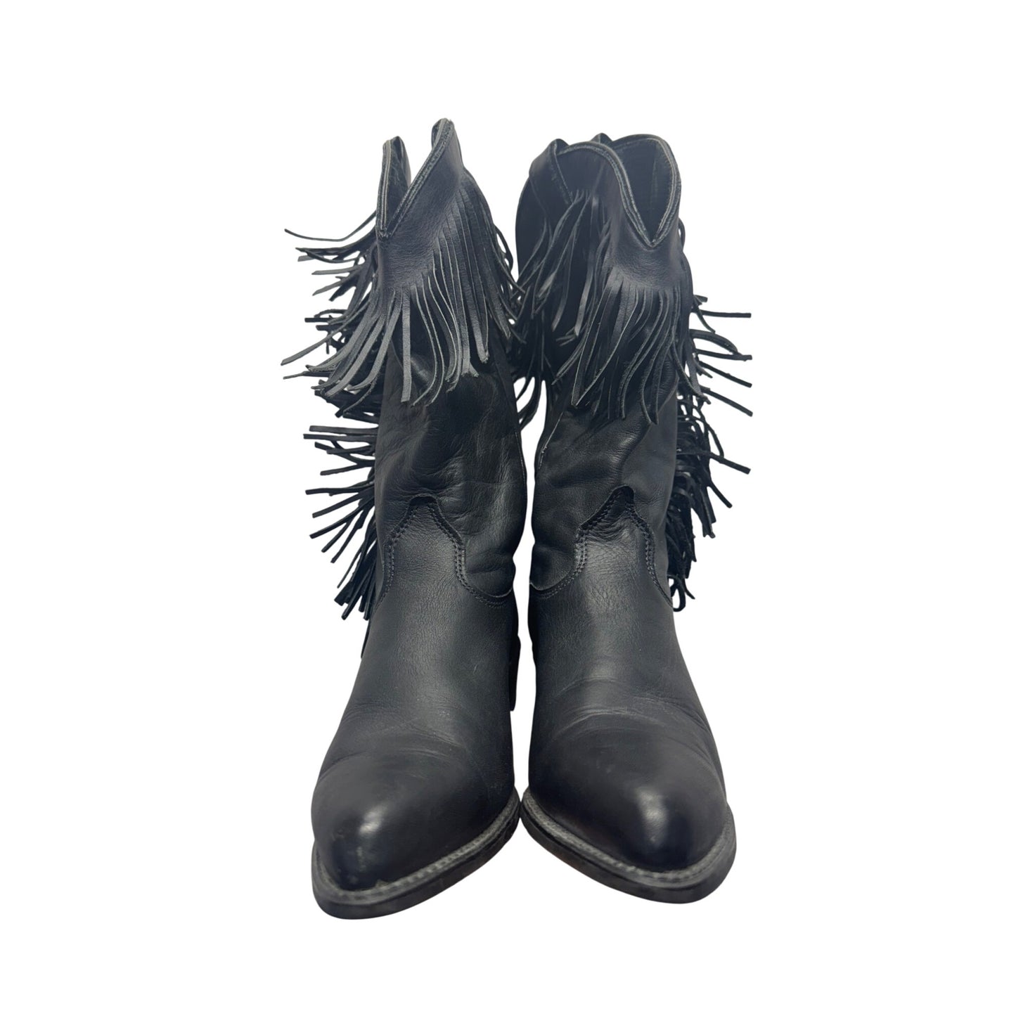 Black Fringe Leather Western Cowboy Boots Pointed Toe Low Heel Pre-Owned #9812
