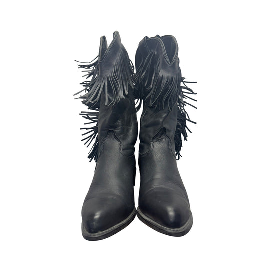 Black Fringe Leather Western Cowboy Boots Pointed Toe Low Heel Pre-Owned #9812