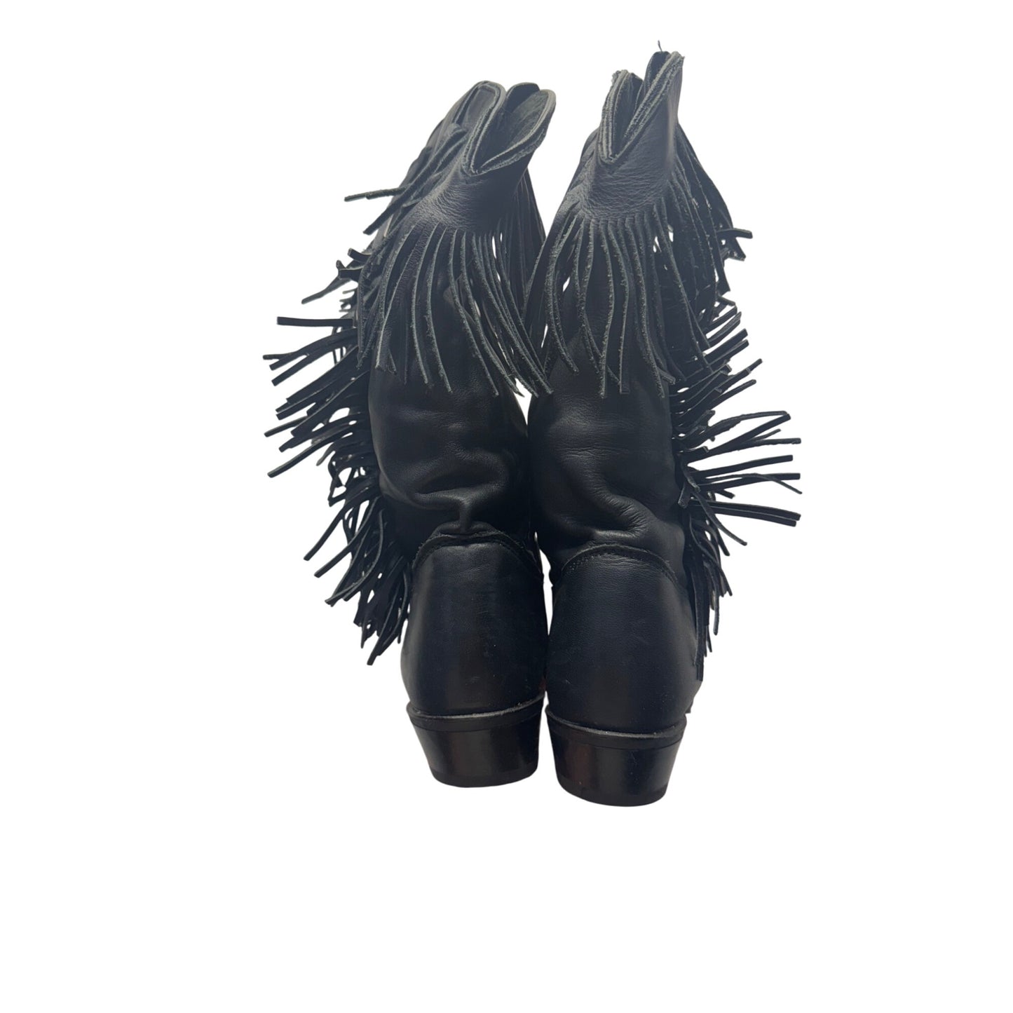 Black Fringe Leather Western Cowboy Boots Pointed Toe Low Heel Pre-Owned #9812