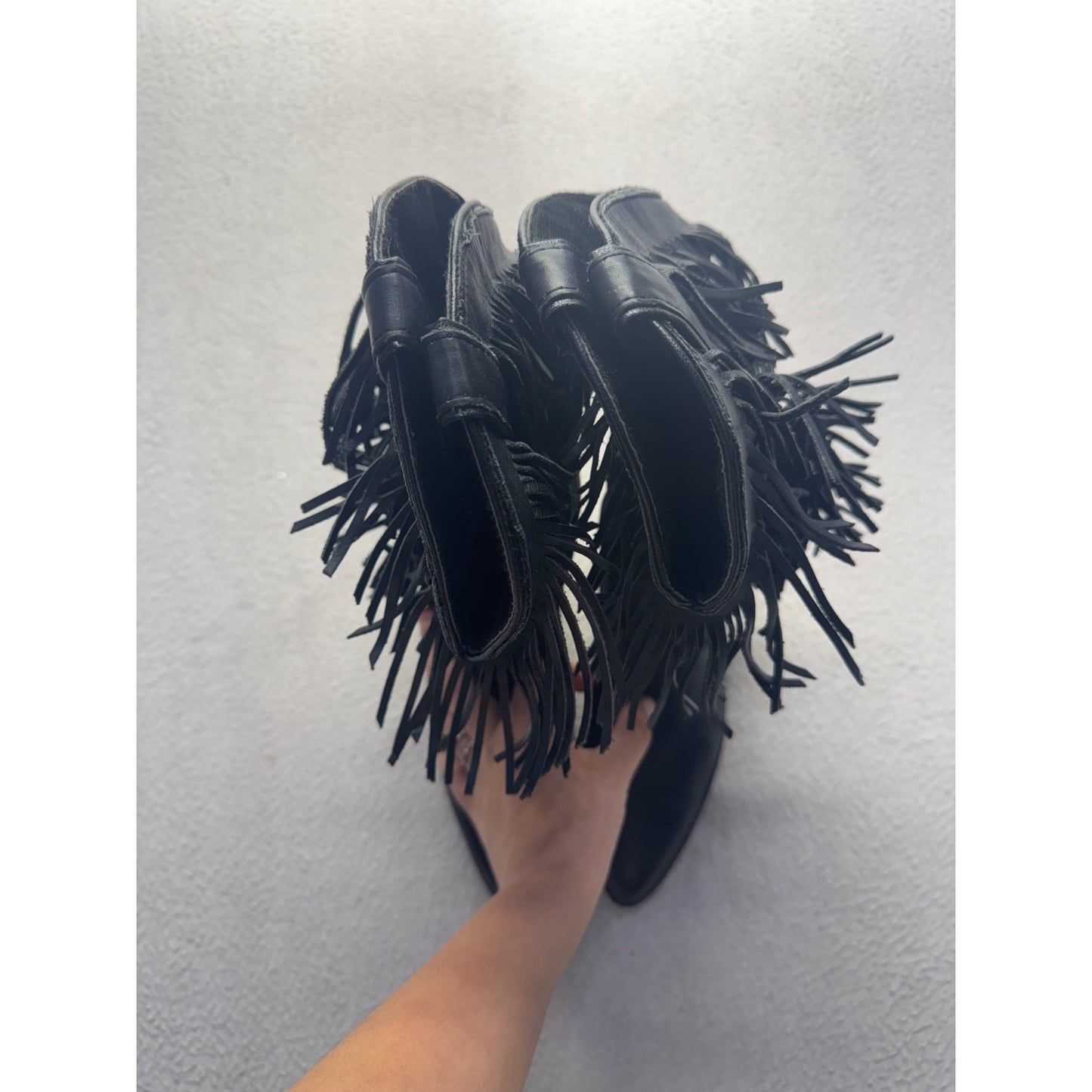 Black Fringe Leather Western Cowboy Boots Pointed Toe Low Heel Pre-Owned #9812