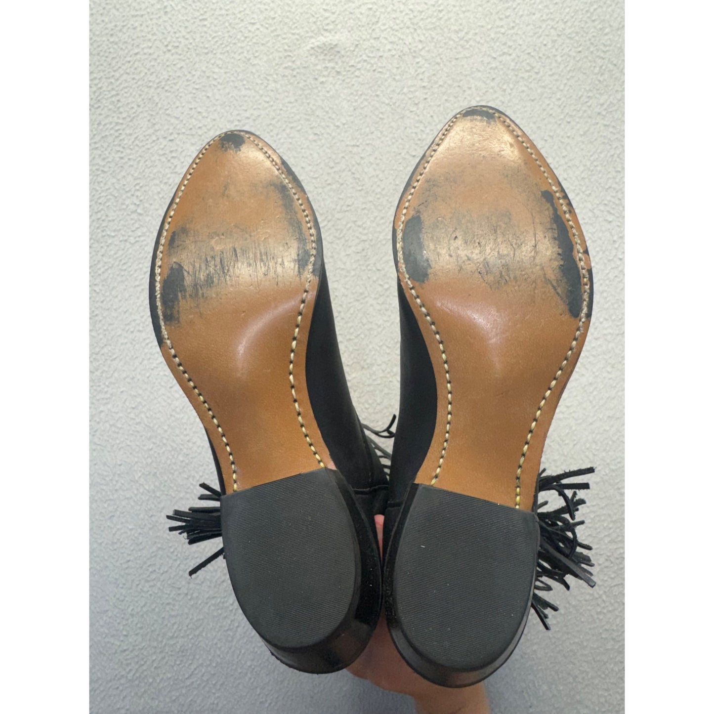 Black Fringe Leather Western Cowboy Boots Pointed Toe Low Heel Pre-Owned #9812