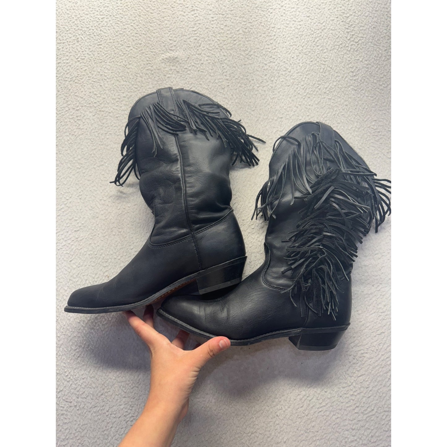 Black Fringe Leather Western Cowboy Boots Pointed Toe Low Heel Pre-Owned #9812