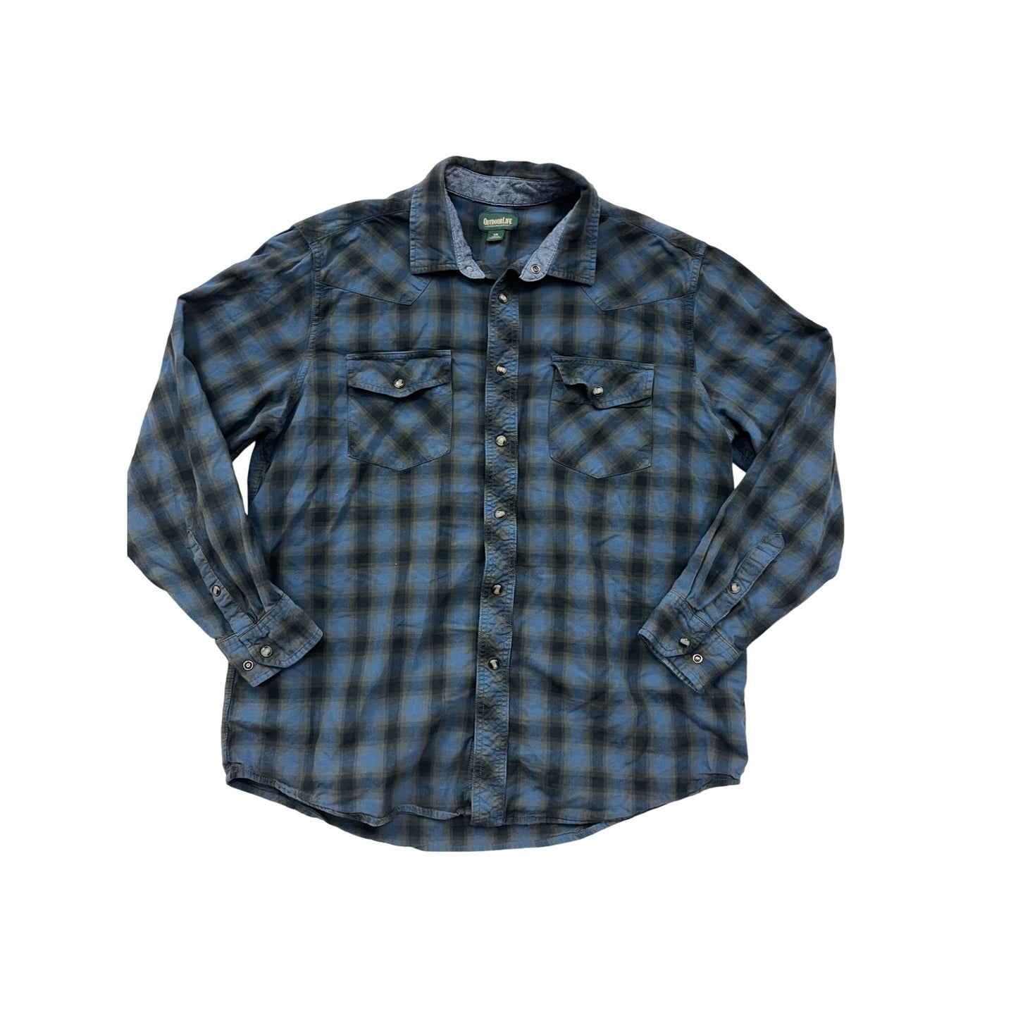 Mens Outdoor Life Blue & Black Plaid Button-Up Long Sleeve Shirt L #8914