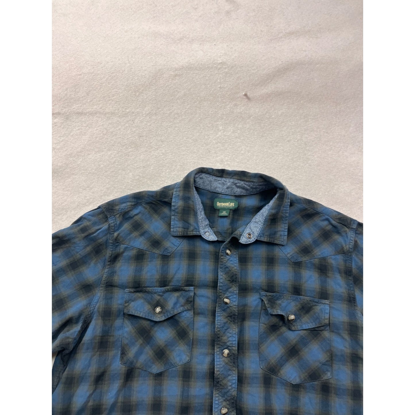 Mens Outdoor Life Blue & Black Plaid Button-Up Long Sleeve Shirt L #8914