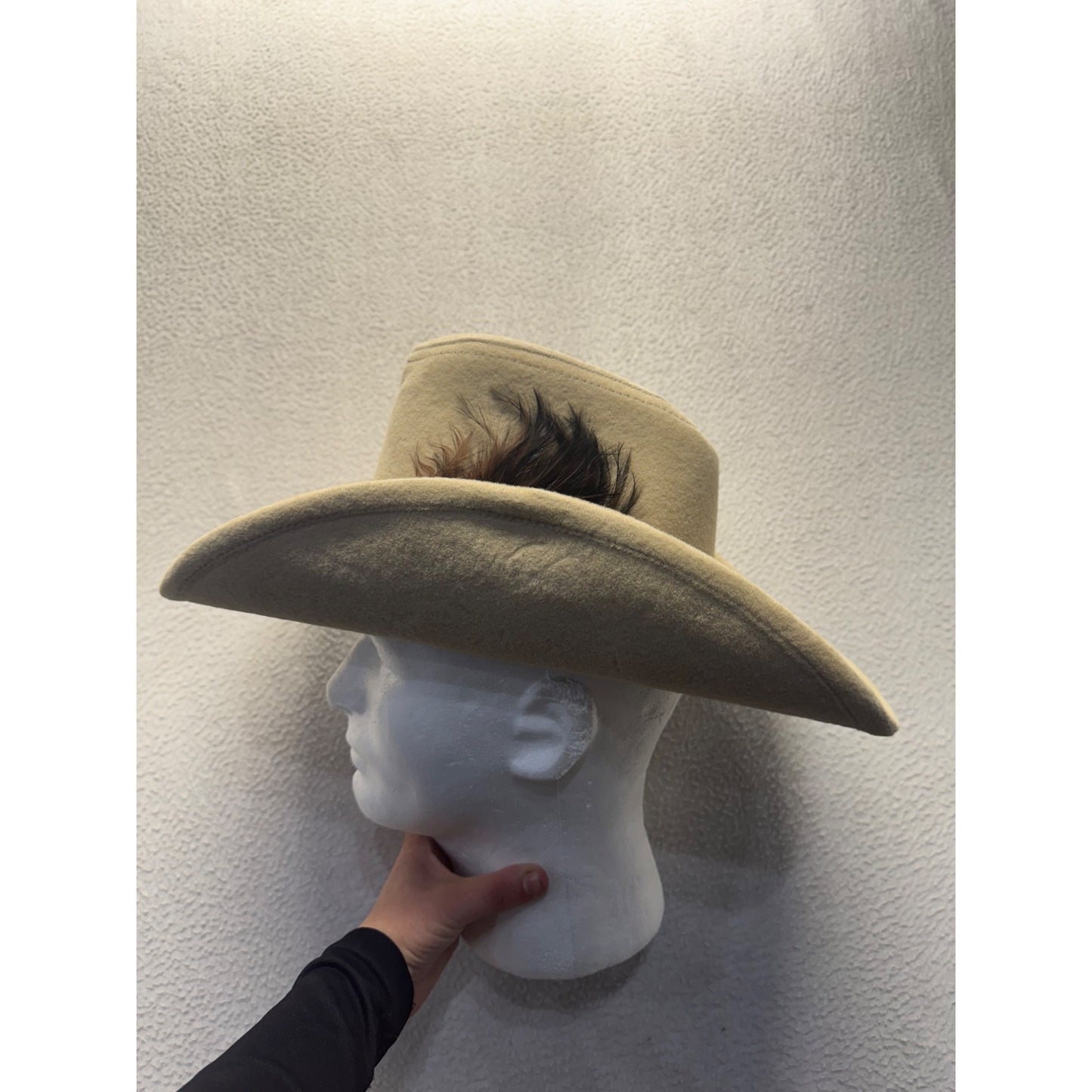 Beige Wool Cowboy Hat With Feather Accent & Braided Band #9215