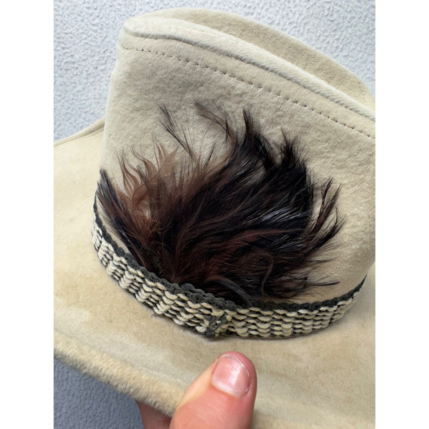 Beige Wool Cowboy Hat With Feather Accent & Braided Band #9215