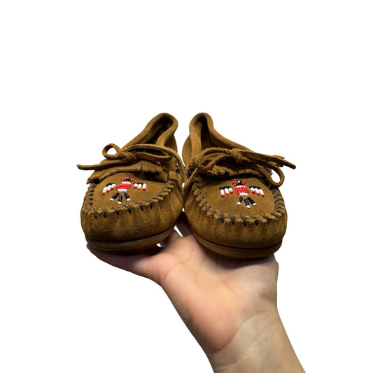 Minnetonka Brown Suede Moccasins With Beaded Thunderbird Design #9633