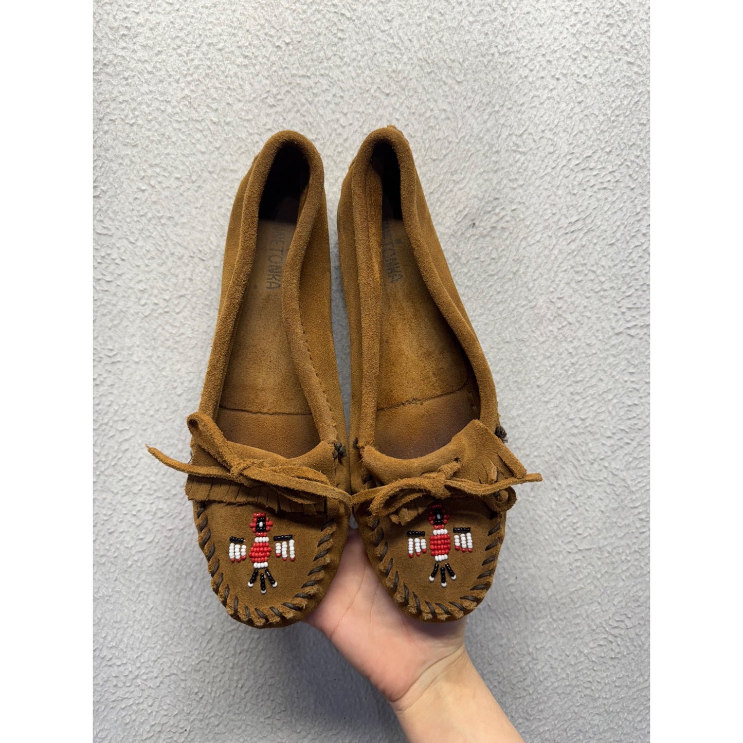 Minnetonka Brown Suede Moccasins With Beaded Thunderbird Design #9633