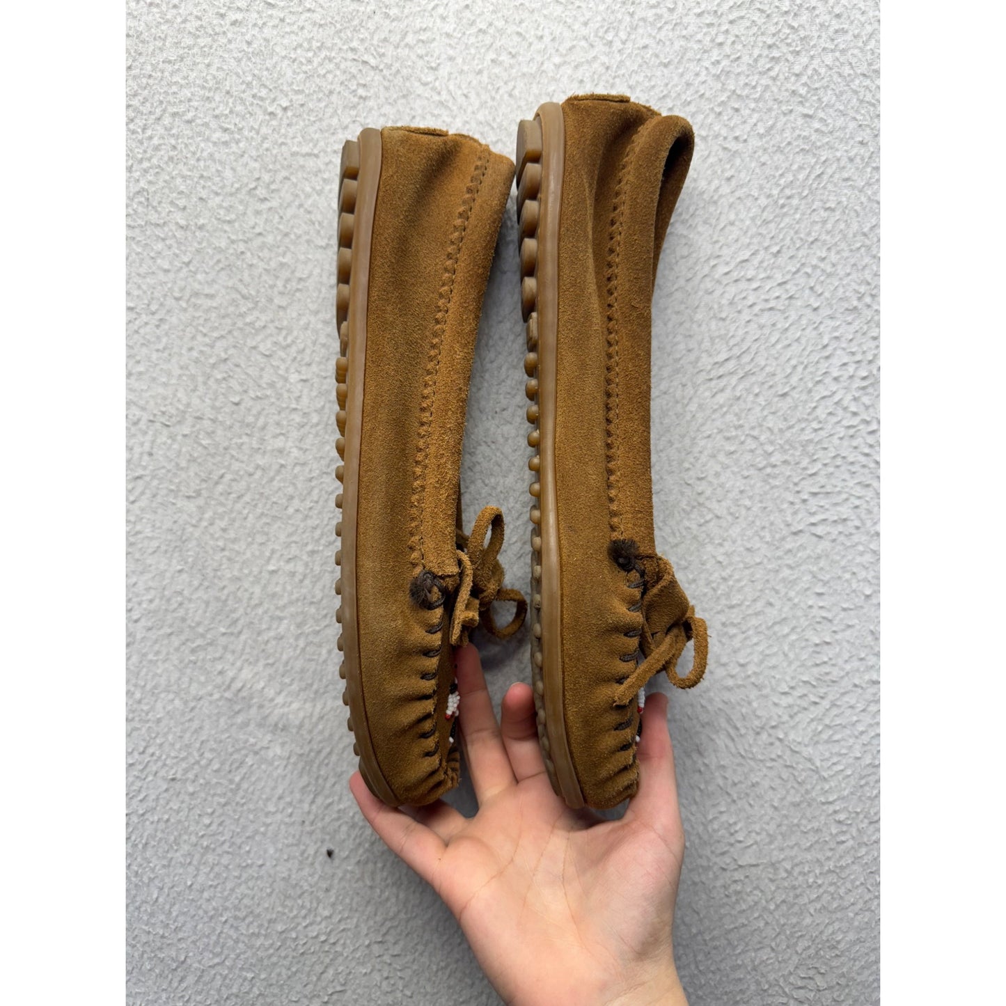 Minnetonka Brown Suede Moccasins With Beaded Thunderbird Design #9633