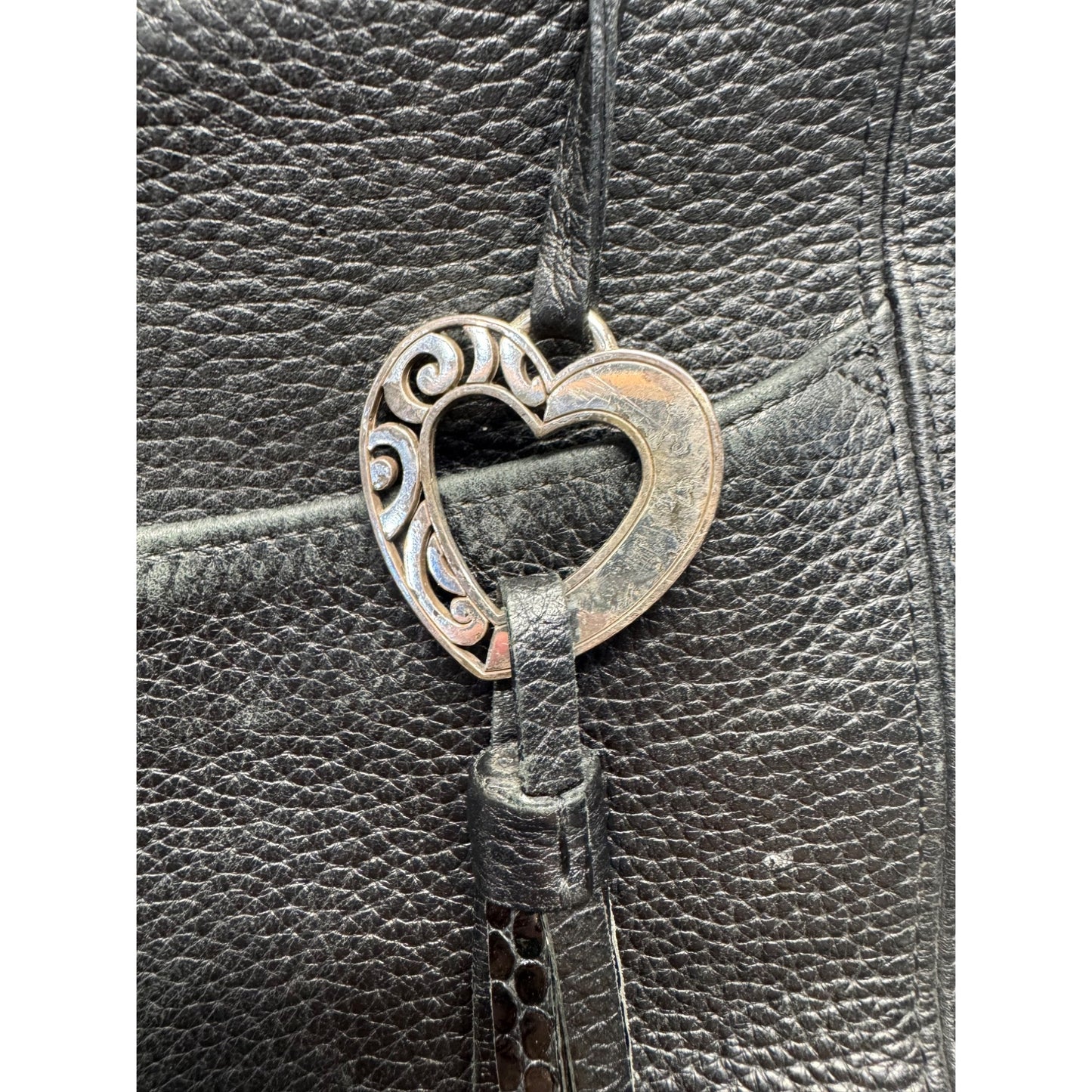 Brighton Black Pebbled Leather Shoulder Bag With Braided Strap Heart Charm #9516