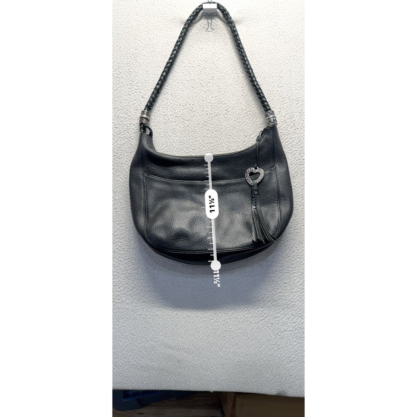 Brighton Black Pebbled Leather Shoulder Bag With Braided Strap Heart Charm #9516