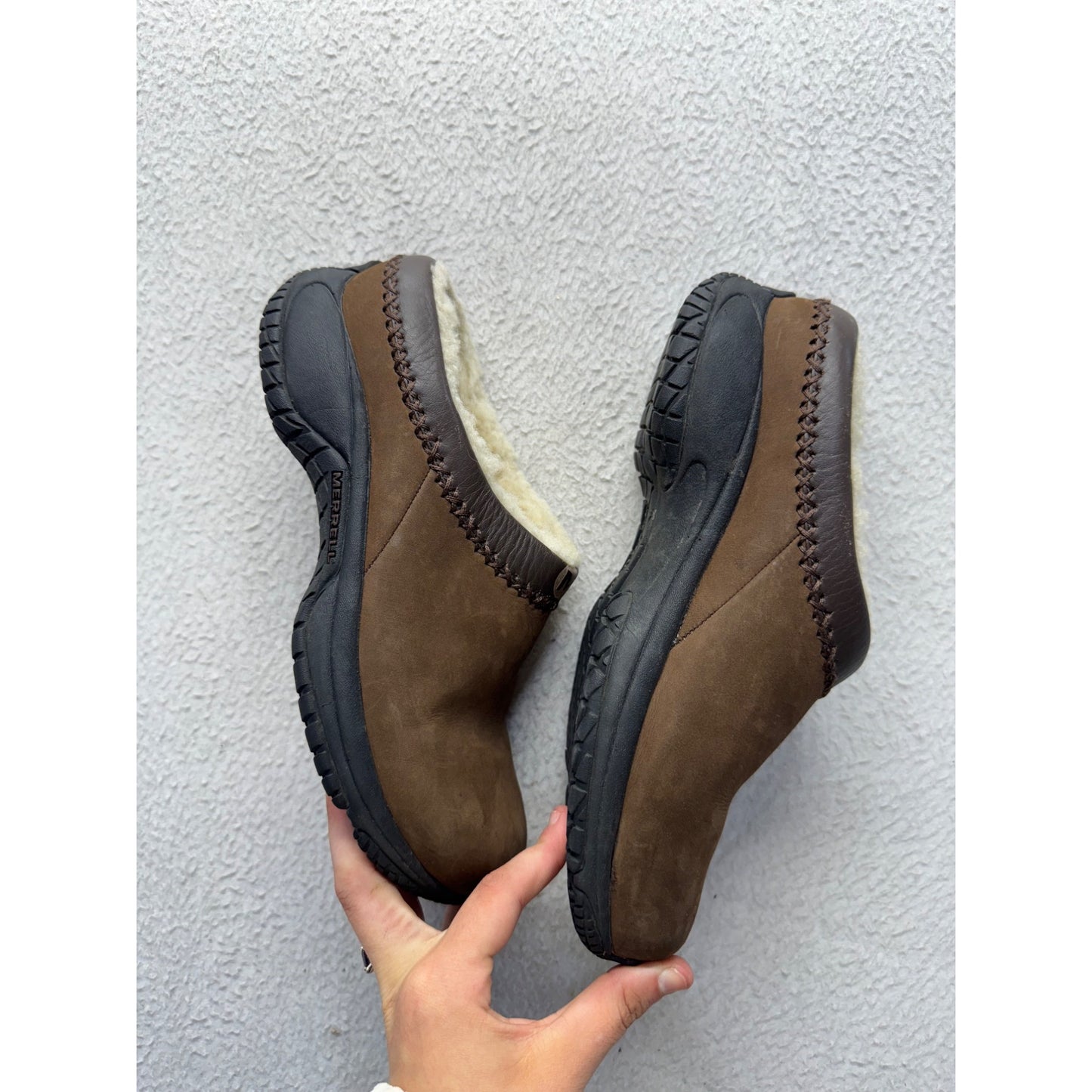 Merrell Brown Suede Slip-On Moccasins With Shearling Lining & Rubber Soles #9826