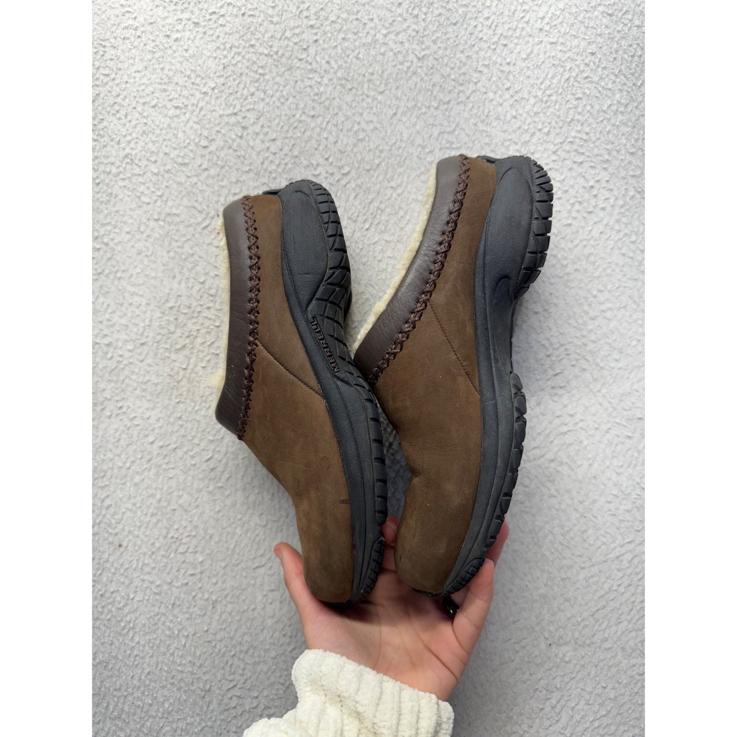 Merrell Brown Suede Slip-On Moccasins With Shearling Lining & Rubber Soles #9826