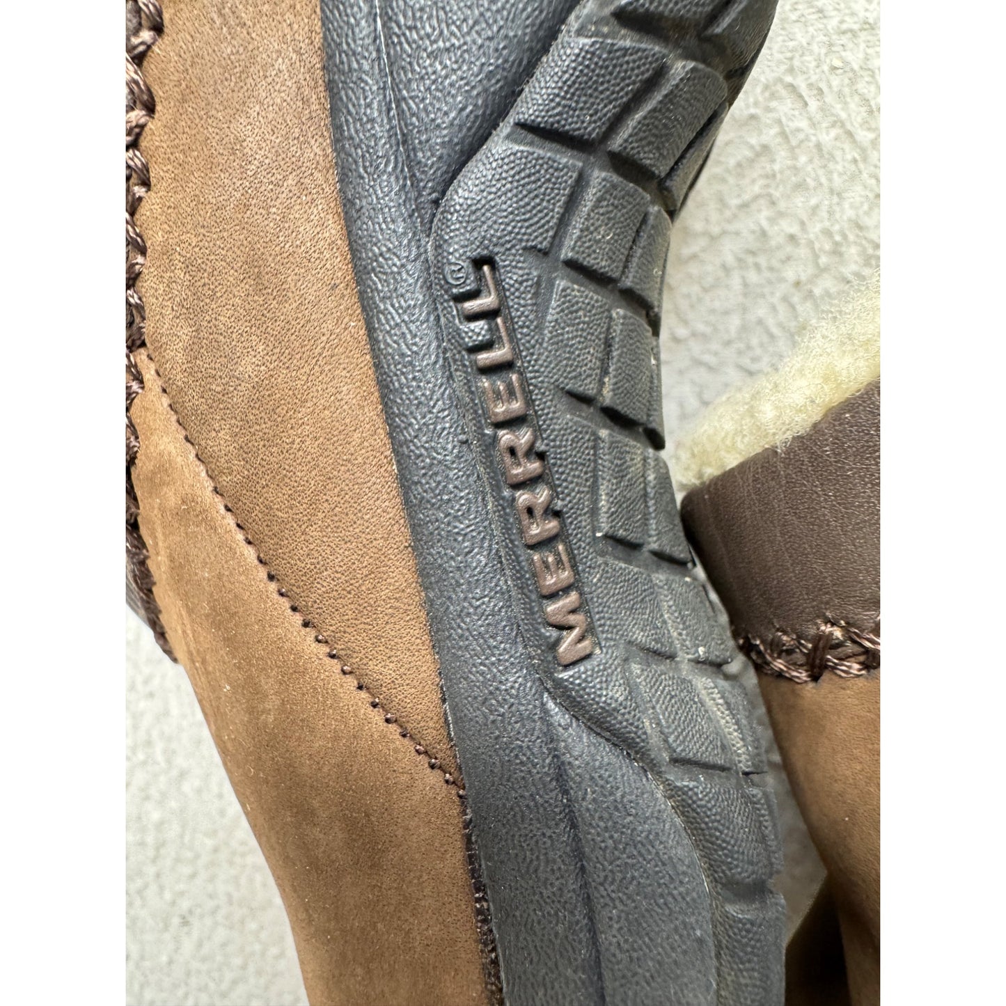 Merrell Brown Suede Slip-On Moccasins With Shearling Lining & Rubber Soles #9826