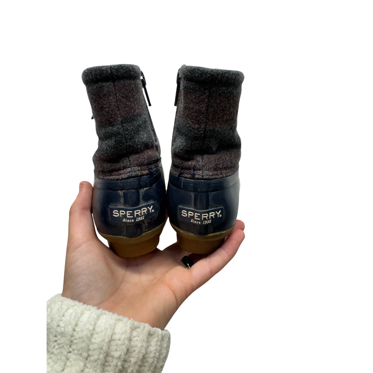 Sperry Plaid Wool Duck Boots With Rubber Sole & Side Zipper Navy/Brown #9830