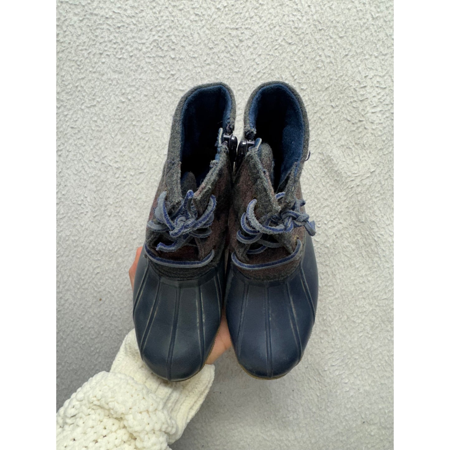Sperry Plaid Wool Duck Boots With Rubber Sole & Side Zipper Navy/Brown #9830