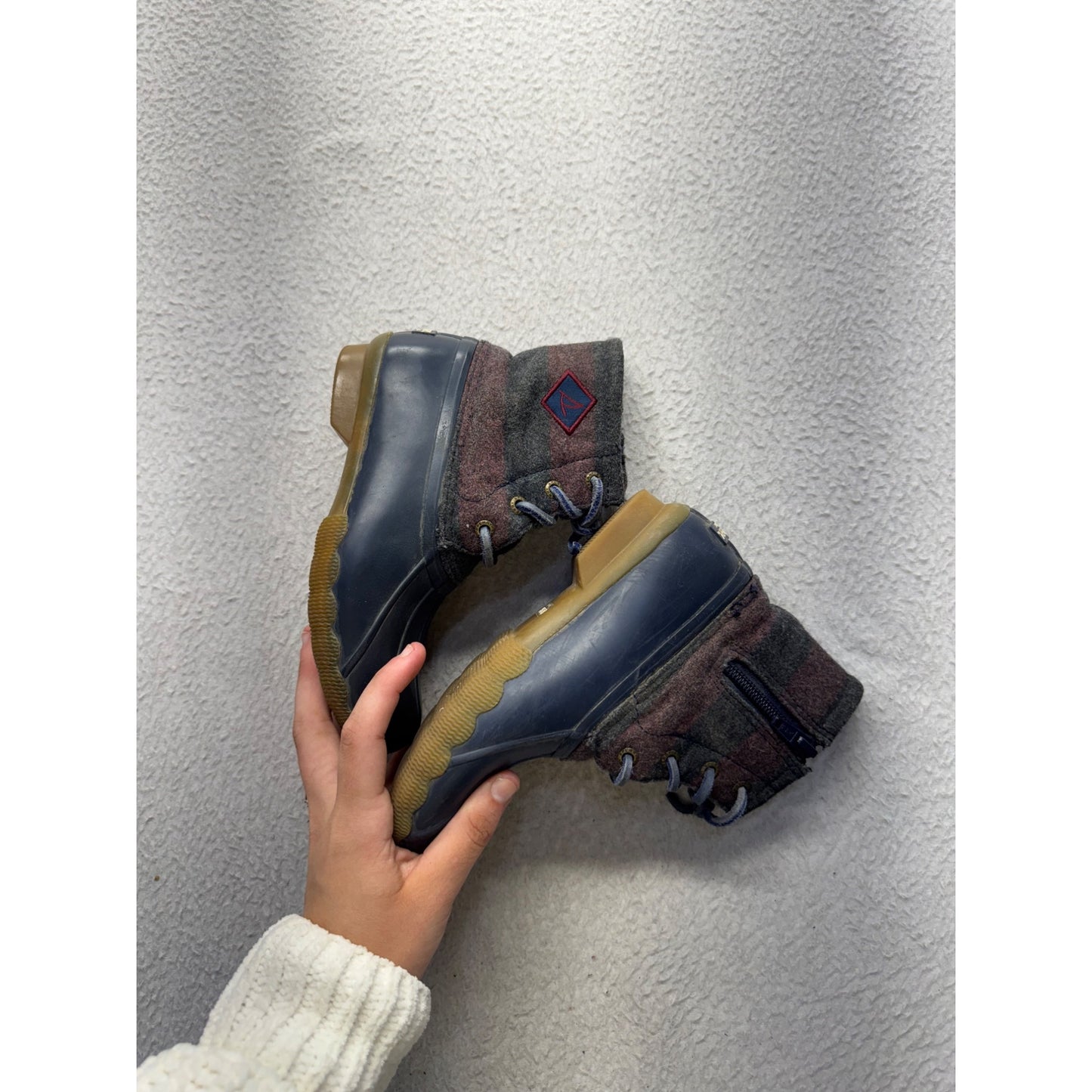 Sperry Plaid Wool Duck Boots With Rubber Sole & Side Zipper Navy/Brown #9830