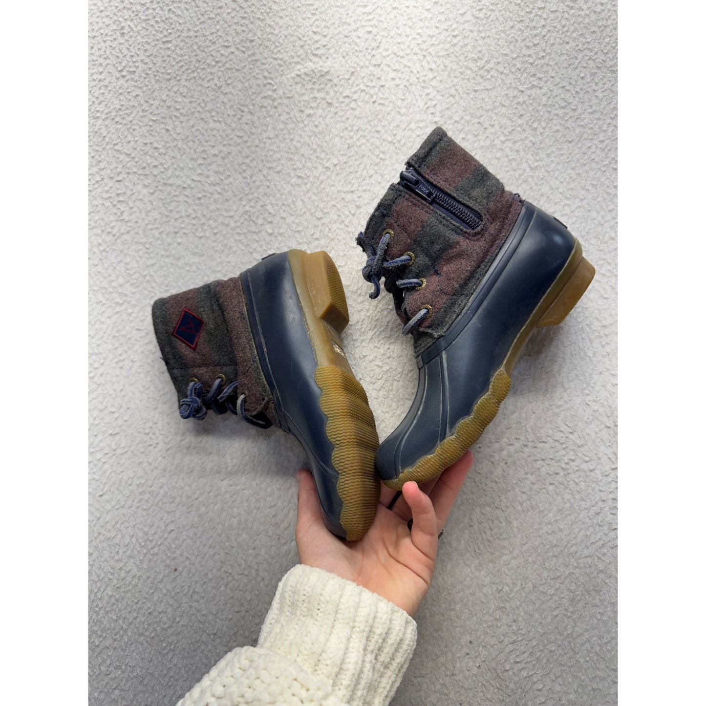 Sperry Plaid Wool Duck Boots With Rubber Sole & Side Zipper Navy/Brown #9830