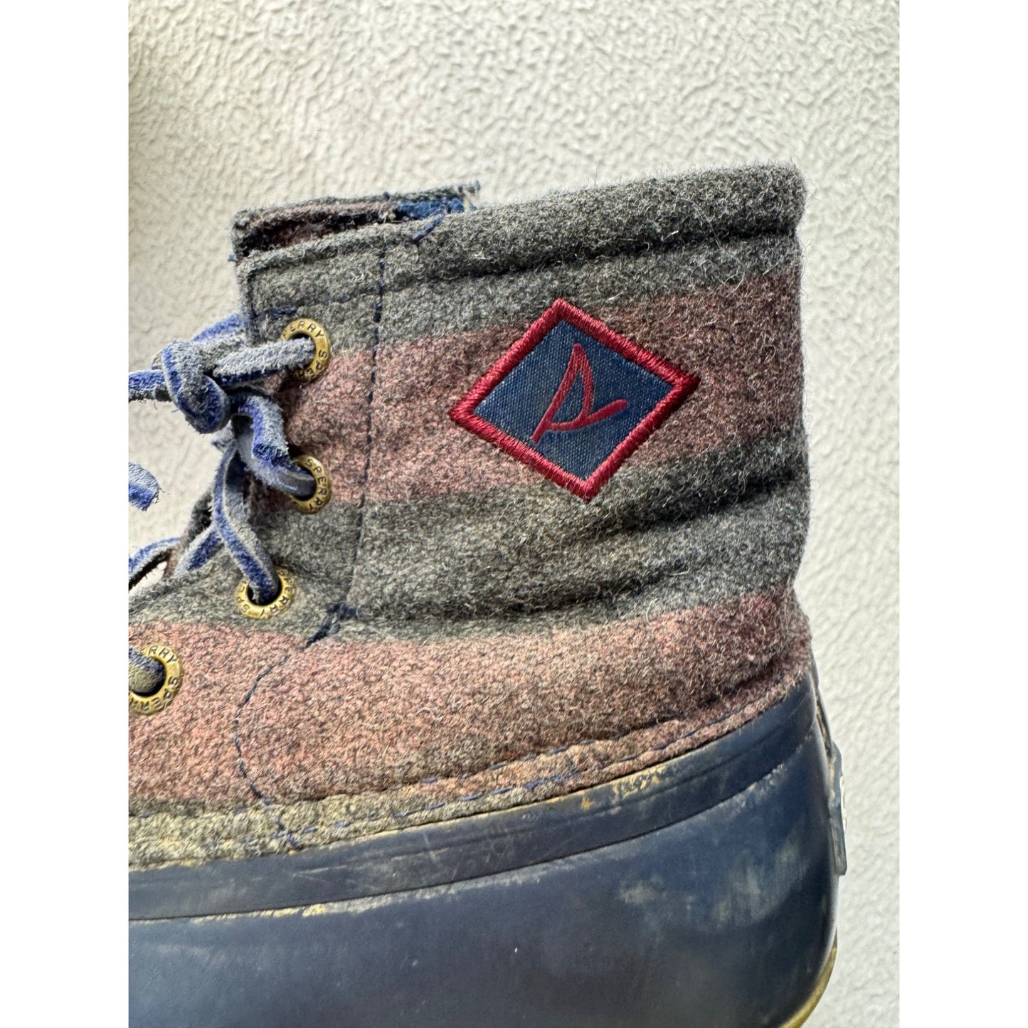 Sperry Plaid Wool Duck Boots With Rubber Sole & Side Zipper Navy/Brown #9830
