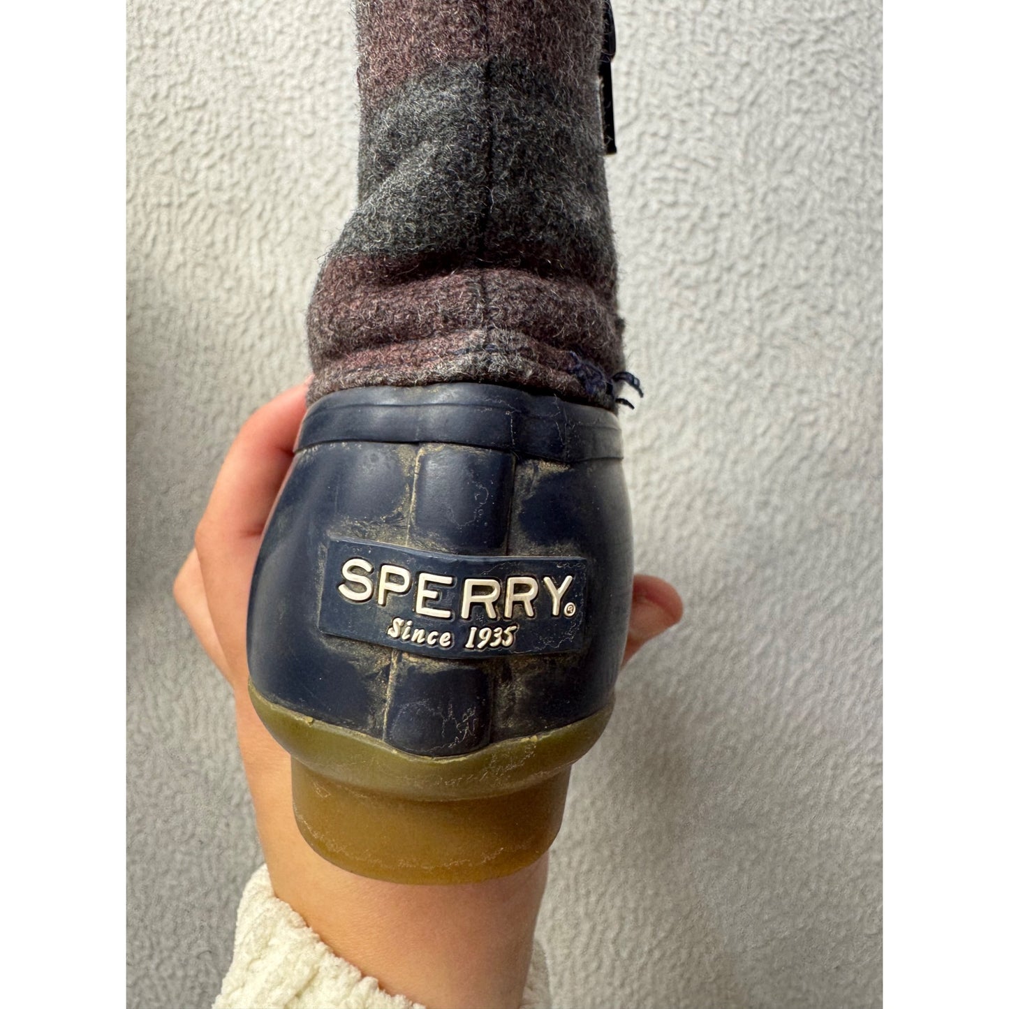 Sperry Plaid Wool Duck Boots With Rubber Sole & Side Zipper Navy/Brown #9830