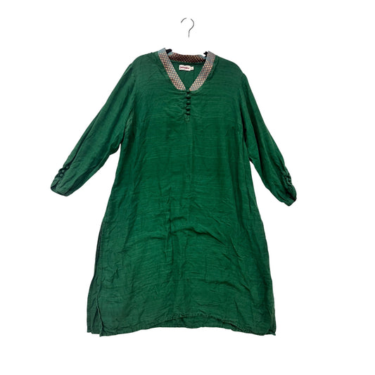 Fabindia Womens Green Silk Kurta With Printed Collar & Button Detail XL #408A