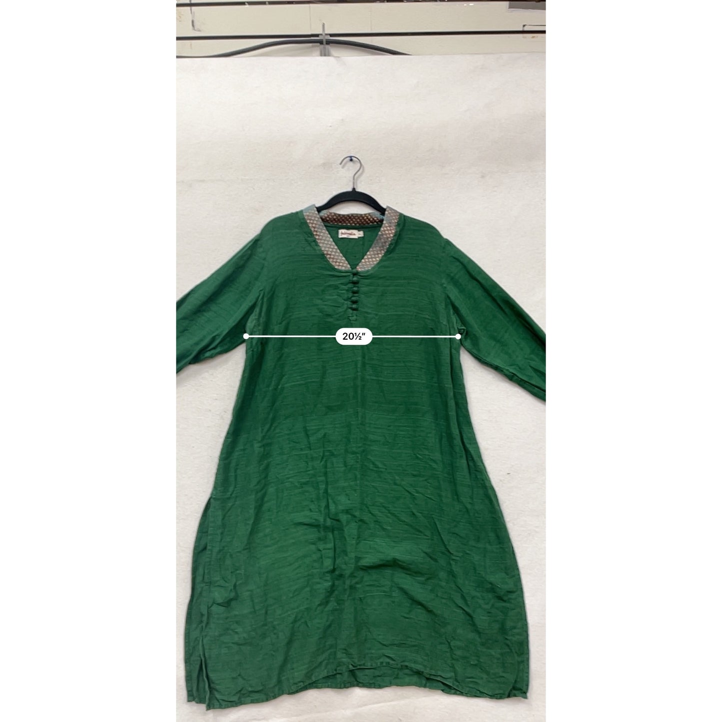 Fabindia Womens Green Silk Kurta With Printed Collar & Button Detail XL #408A
