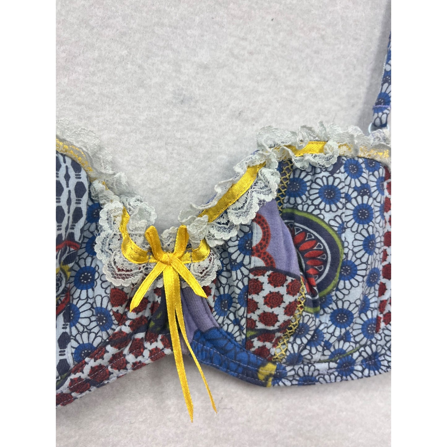 Womens Medium Pinkerton Floral Patchwork Bra With Lace Trim & Yellow Bow #6832