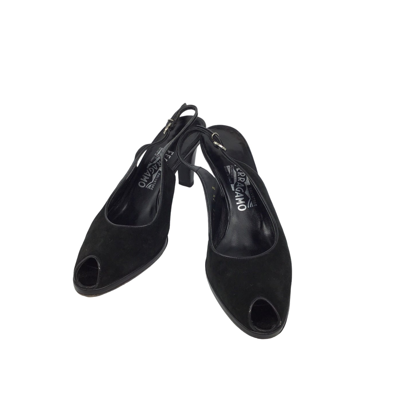 Salvatore Ferragamo Black Suede & Patent Leather Peep Toe Slingback Heels S 8.5B #207