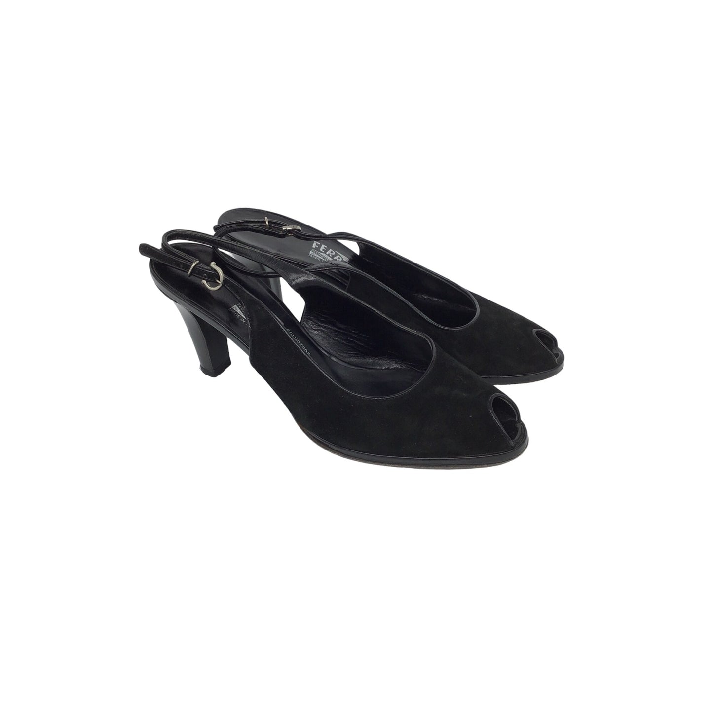 Salvatore Ferragamo Black Suede & Patent Leather Peep Toe Slingback Heels S 8.5B #207