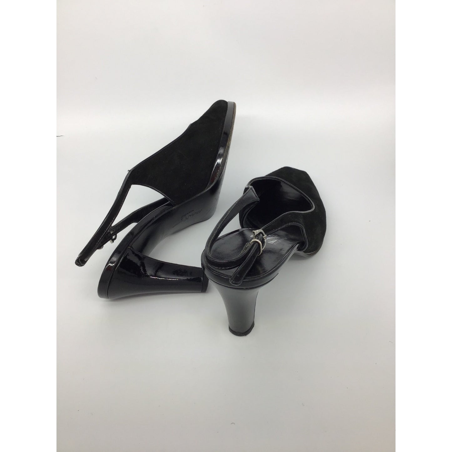 Salvatore Ferragamo Black Suede & Patent Leather Peep Toe Slingback Heels S 8.5B #207