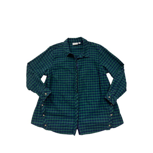 Joan Rivers Womens Green & Navy Plaid Button-Side Long-Sleeve Cotton Shirt L #6908