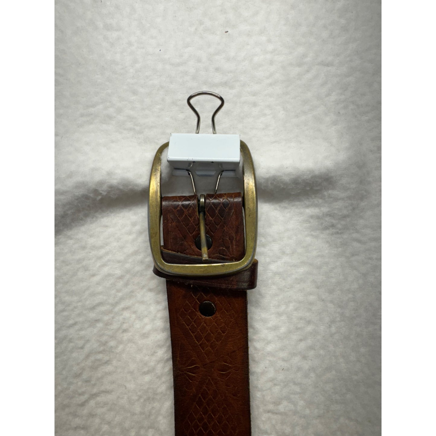 Vintage Brown Embossed Leather Belt W/ Brass Buckle And Detailed Pattern #9385