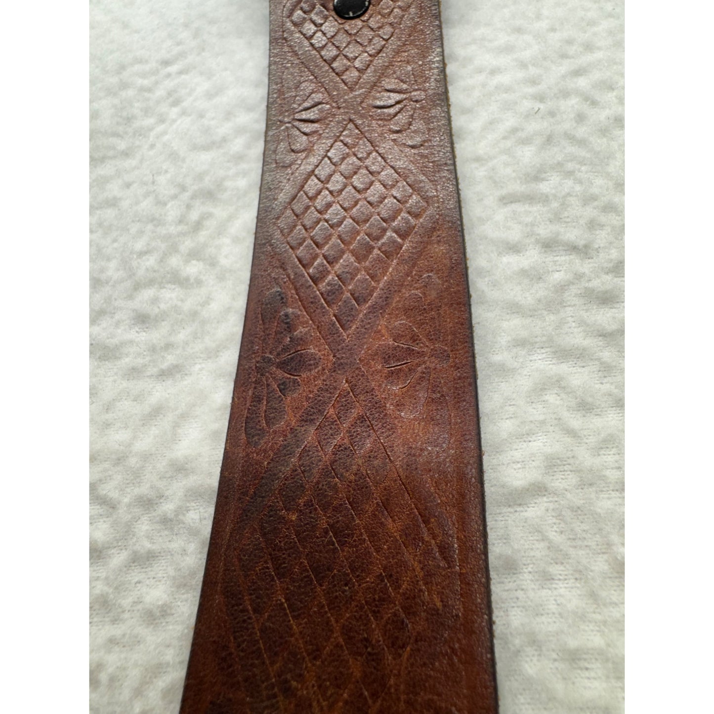 Vintage Brown Embossed Leather Belt W/ Brass Buckle And Detailed Pattern #9385