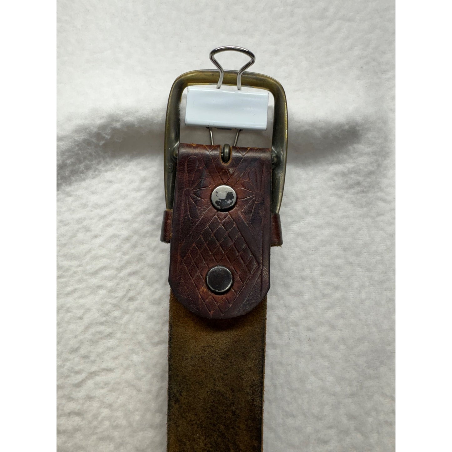 Vintage Brown Embossed Leather Belt W/ Brass Buckle And Detailed Pattern #9385