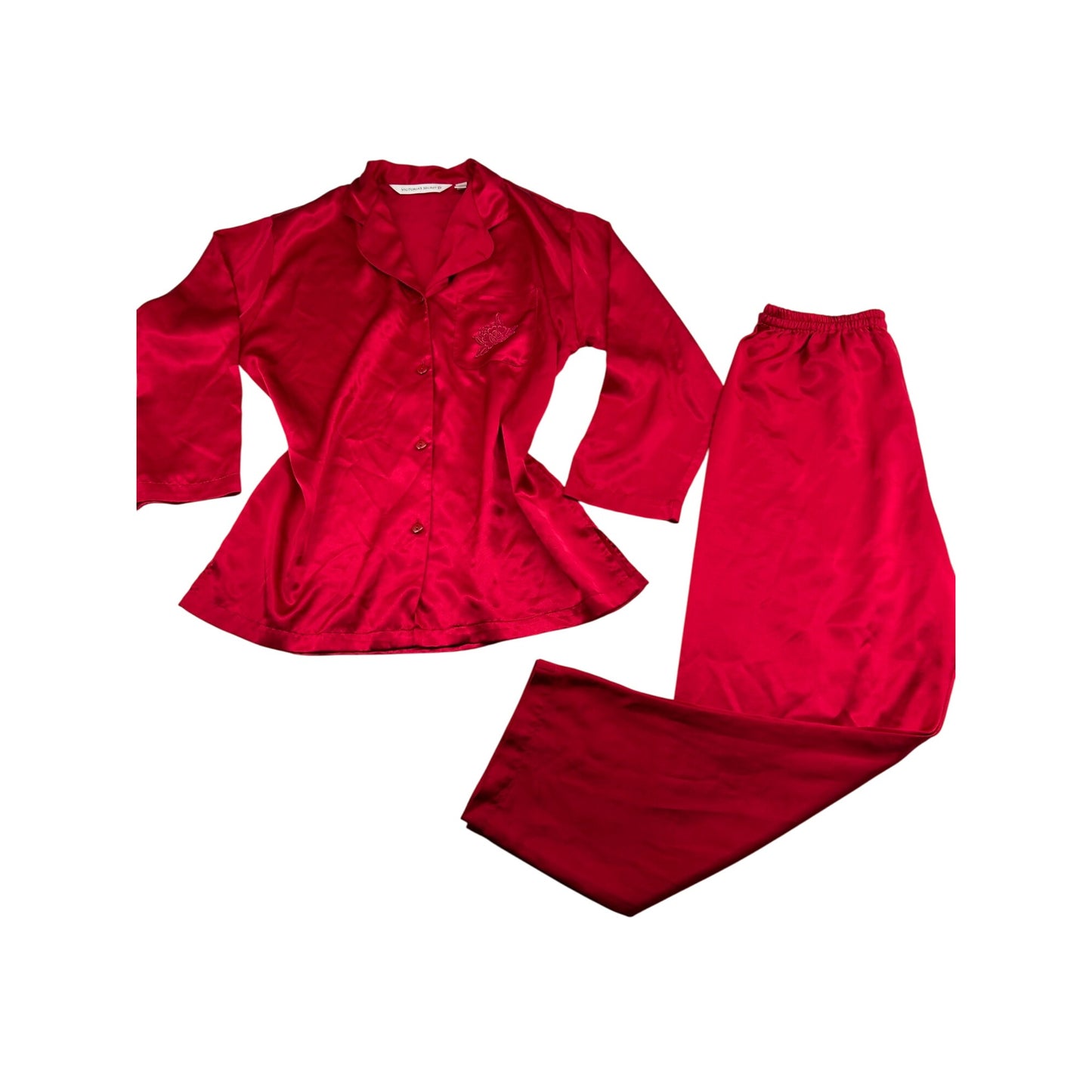 Victorias Secret Red Satin Pajama Set With Embroidered Pocket Detail #6651