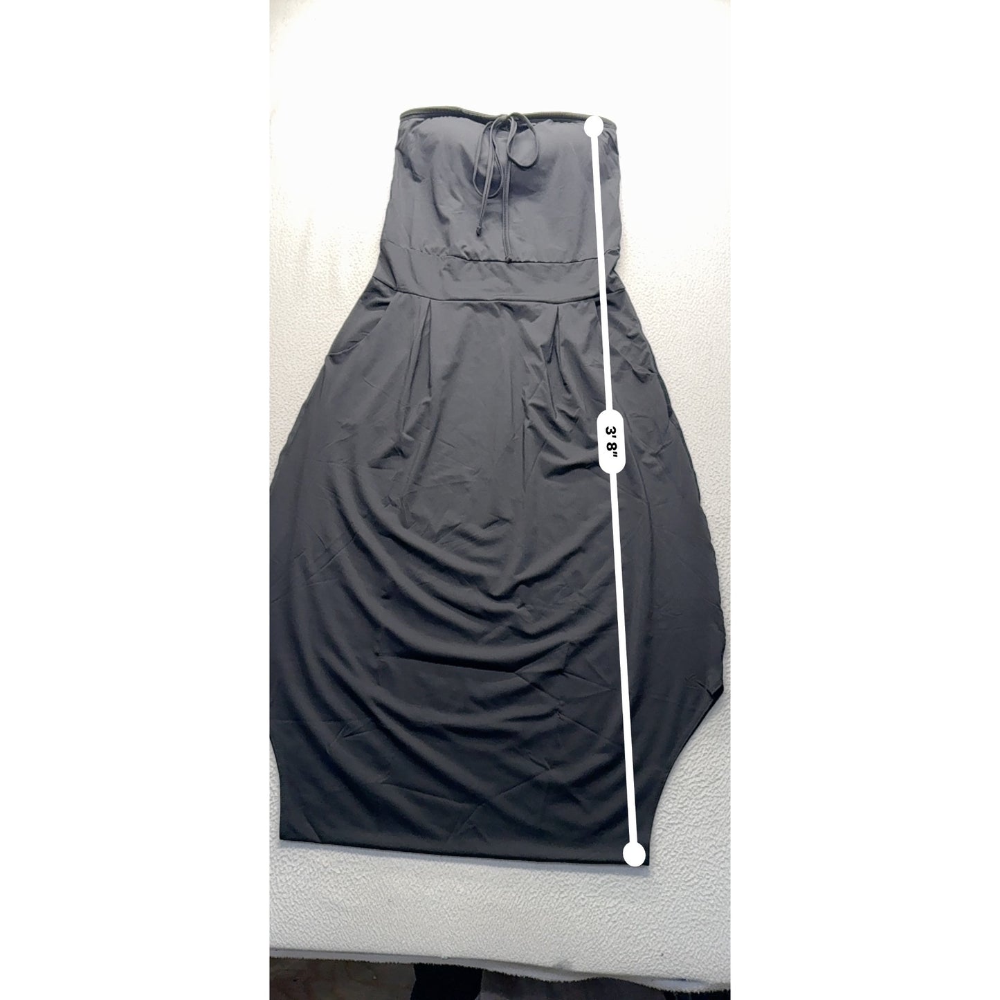 Strapless Black Velvet Rose Dress Pockets & Drawstring Waistline 259B