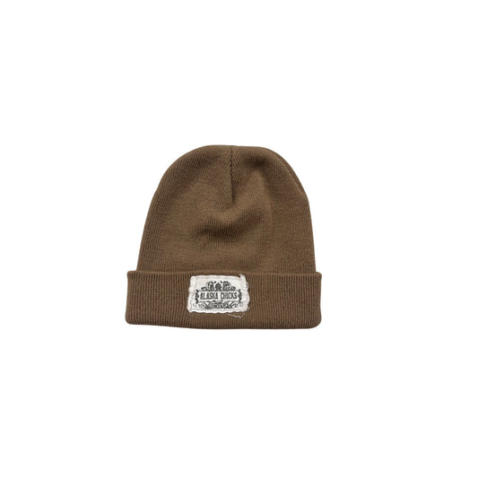 Alaska Chicks Brown Knit Beanie Hat With Logo Patch #31A